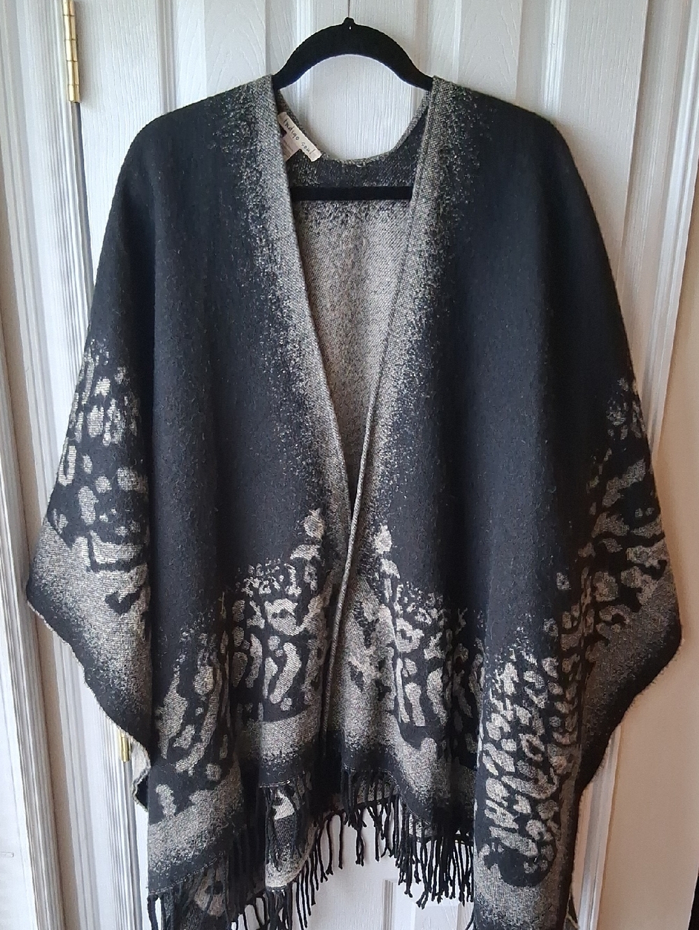 Sweater Blanket Open Front Fringed Black and Cream Poncho Shawl Cape Wrap